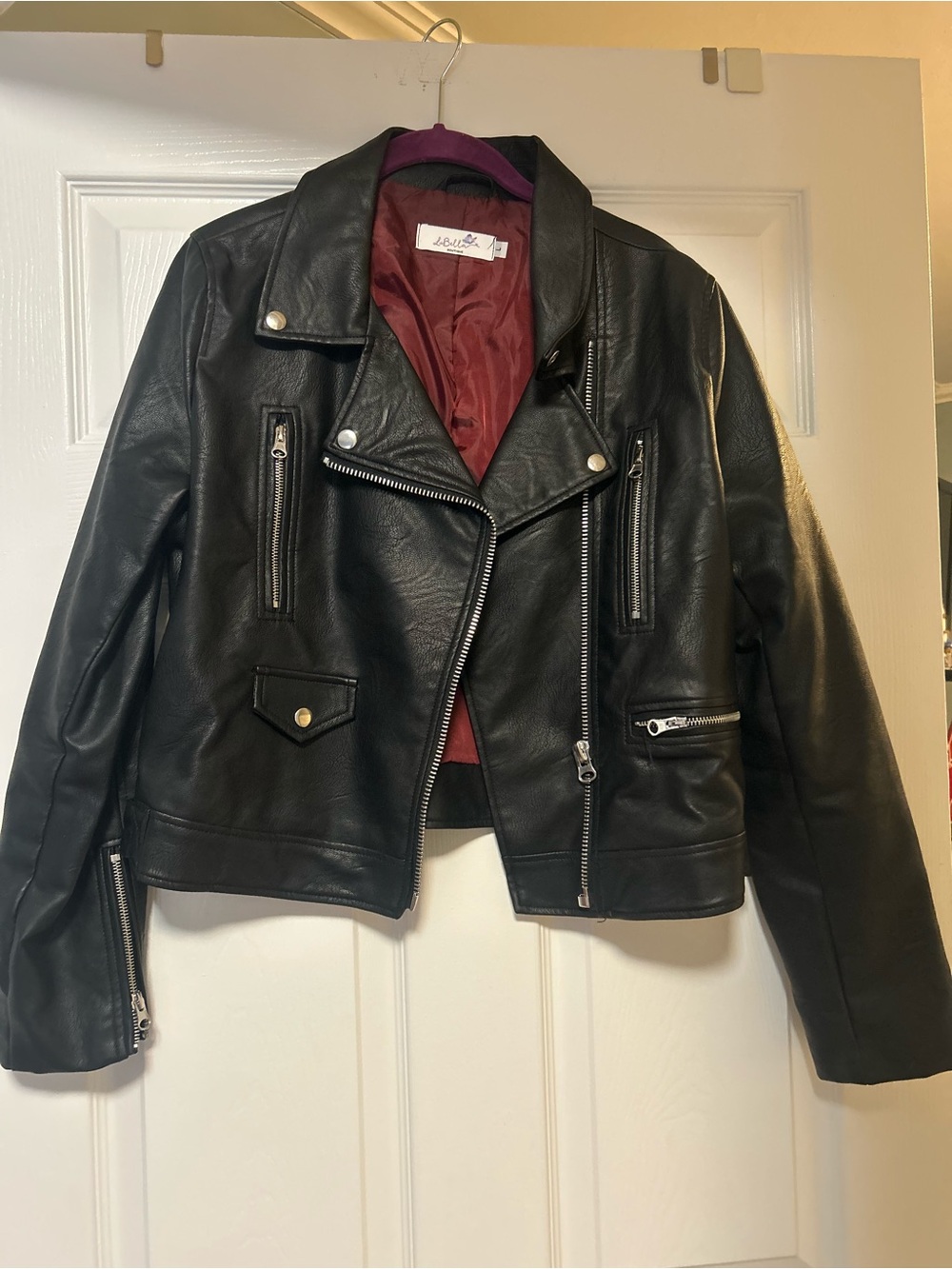 Lush Black Faux Leather Moto Jacket with Burgundy Lining